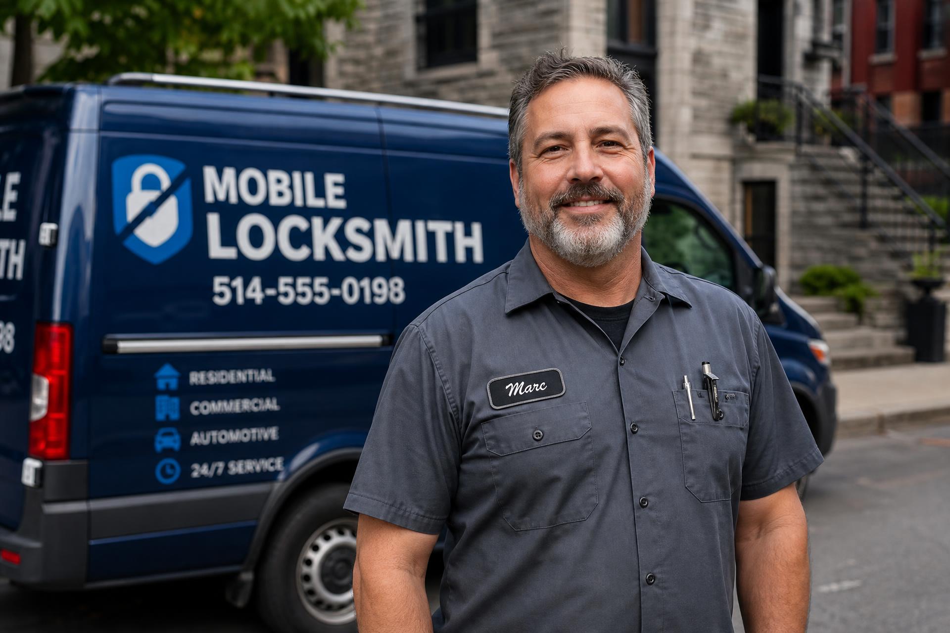 Serrurier mobile montréalais devant son camion signé sur une rue du centre-ville